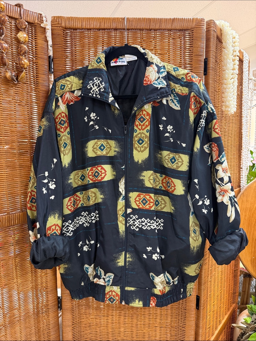 Vintage Kaktus Black Floral Print Zip Jacket - Large